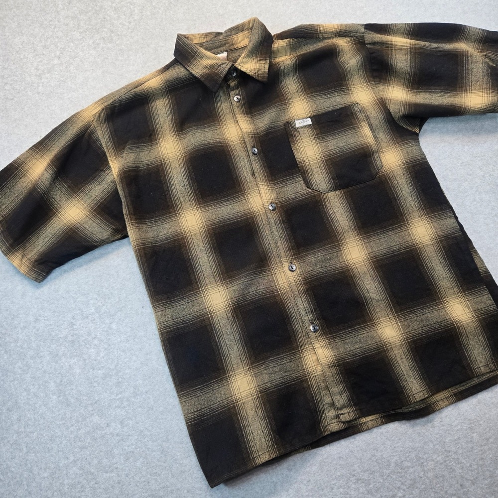 Caltop Mens Brown Tan Shadow Plaid Short Sleeve Button Down Shirt A6093 Large